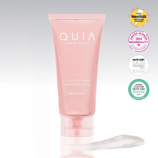 A pouch of Quia Korean Beauty Collagen Night Wrapping Mask, an overnight peel-off film mask.