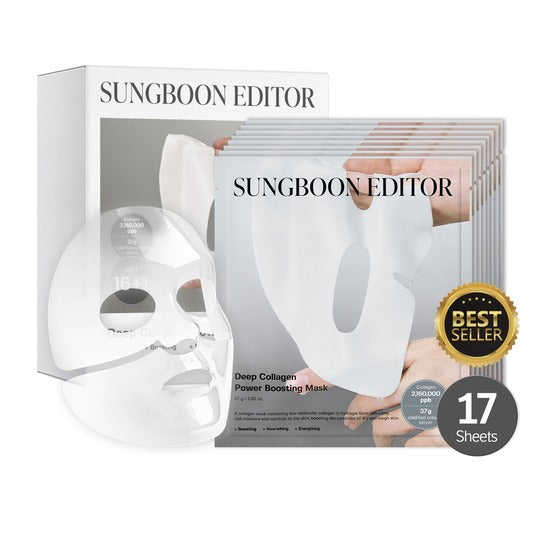 A box of SUNGBOON EDITOR Deep Collagen Power Boosting Mask, a Korean transparent hydrogel sheet mask 17-pack.